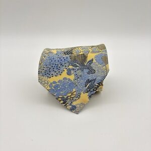 Barney's New York Tie Silk Yellow, Blue, Black & White Intricate Floral Design